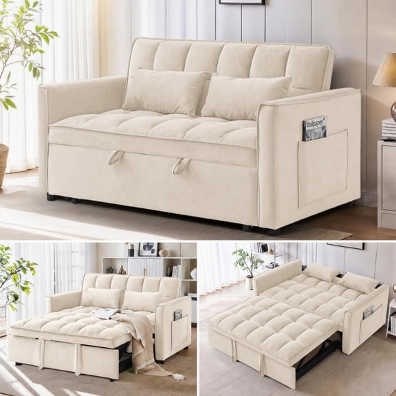 Anpport 3-in-1 Convertible Sleeper Sofa Bed, Pull-Out Loveseat Couch with Adjustable Back, Velvet Fabric, 55", Beige