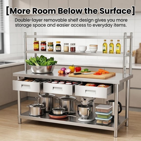 1850 Lbs Stainless Steel Work Table, Commercial Kitchen Prep Table for Kitchen Garage Workshop Restaurant, Double-Layer Stainless Steel Table with Drawers