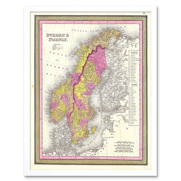 1850 Mitchell Vintage Map Scandinavia Colour Coding Sweden And Norway Art Print Framed Poster Wall Decor 12x16 inch