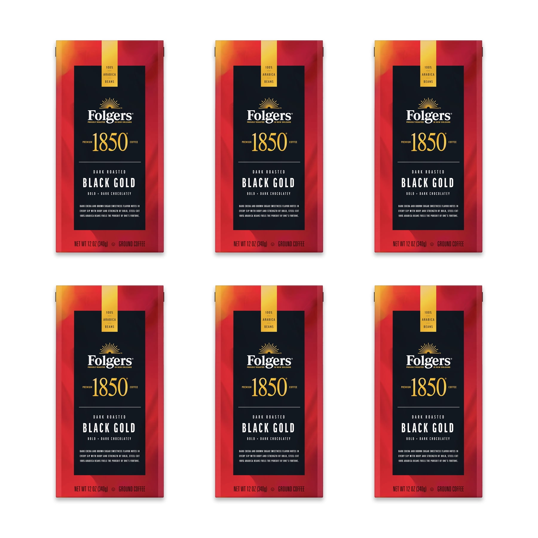 1850 by Folgers Black Gold Dark Roast Ground Coffee, 12 Ounce Bag (Pack