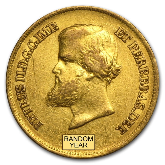 1851-1889 Brazil Gold 10,000 Reis Pedro II Avg Circ (Random)