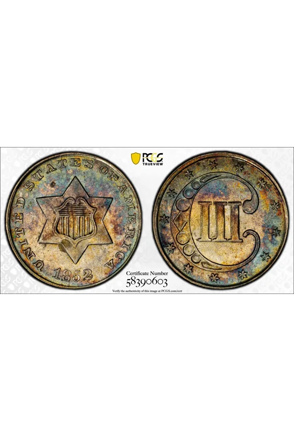 1852 Silver Three Cent Piece - Trime PCGS AU-58 RAINBOW TONING