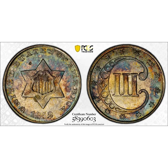1852 Silver Three Cent Piece - Trime PCGS AU-58 RAINBOW TONING