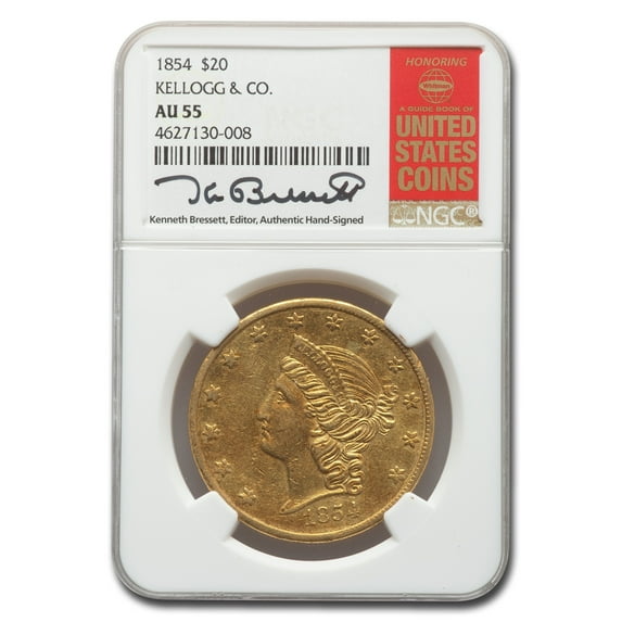 1854 $20 Liberty Gold Double Eagle AU-55 NGC (Kellogg & Co.)