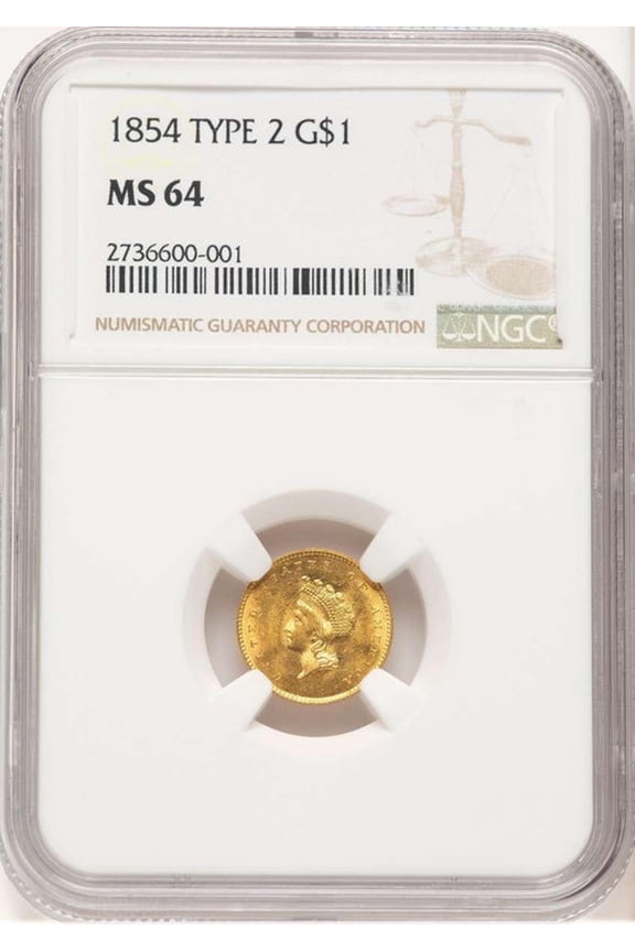 1854 G$1 Gold Dollar Coin NGC MS64   Type Two - HAT779406012