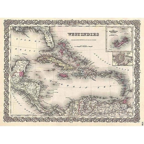 1855 Colton Vintage Detailed Map The West Indies Bermuda Islands Unframed Wall Art Print Poster Home Decor