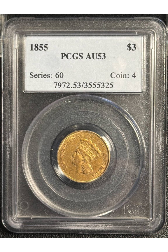 1855 Gold Three Dollars $3 Indian Princess Head PCGS AU-53