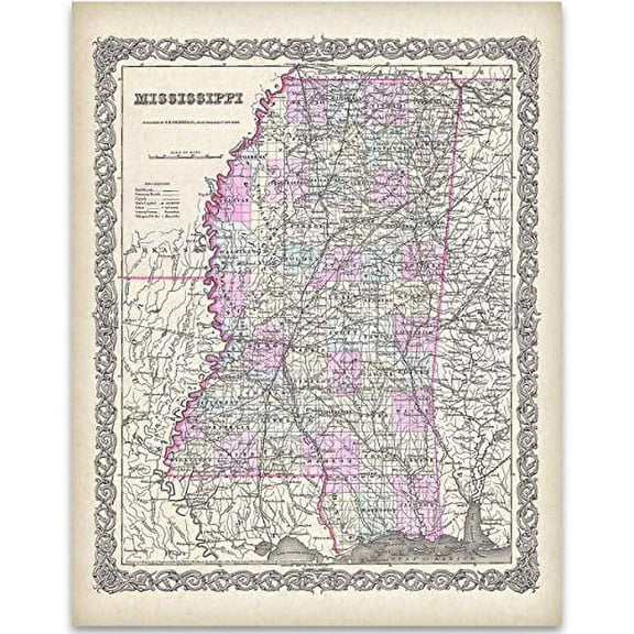 1855 Map of Mississippi - 11x14 Unframed Art Print - Great Vintage Home Decor