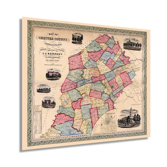 1856 Chester County Pennsylvania Map - Chester County PA Map Wall Art - Also Includes Inset of Borough of West Chester PA Showing Property Tracts and Owner Names