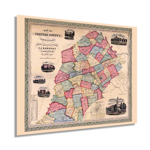 1856 Chester County Pennsylvania Map - Chester County PA Map Wall Art - Also Includes Inset of Borough of West Chester PA Showing Property Tracts and Owner Names