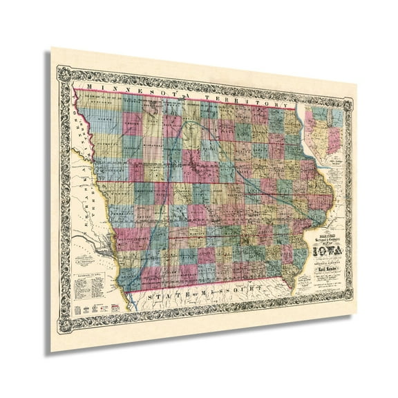 1856 Iowa State Map Poster - Vintage Map of Iowa Wall Art Print - Exhibiting Iron Lead Copper Coal Rail Roads and Other Geological Resources - Iowa Wall Decor