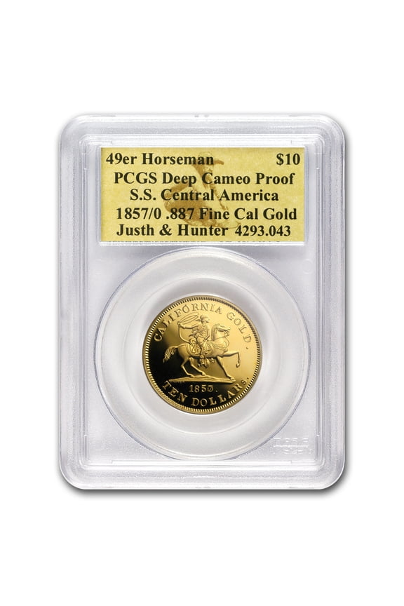 1857/0 $10 49er Horseman .887 Fine Cal Gold PCGS