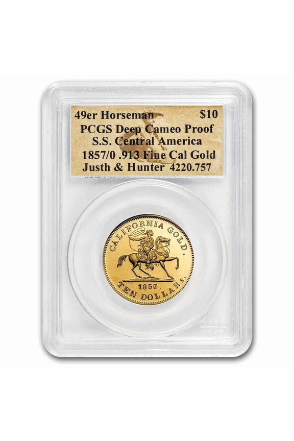 1857/0 $10 49er Horseman .913 Fine Cal Gold PCGS (Box & COA)