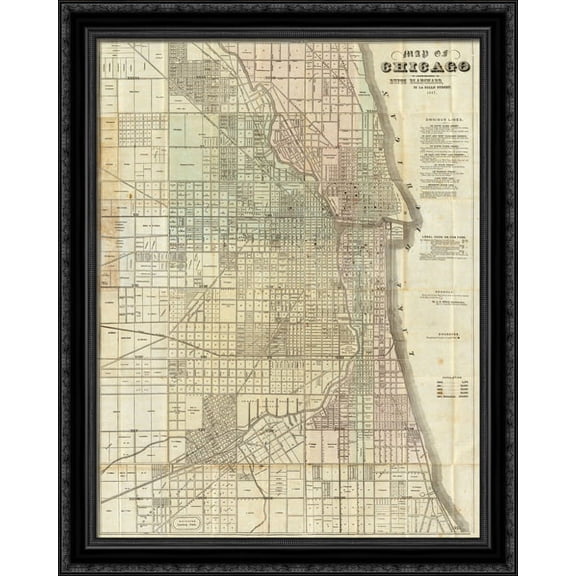 1857 Map of Chicago 28x34 Large Black Ornate Wood Framed Canvas Art