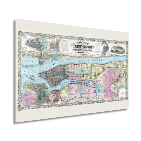 1857 New York City and Vicinity Map Art - NYC Vintage Map Wall Art - Map of New York City, Brooklyn, Williamsburg, Jersey City, Philidelphia, Boston - NYC Decor