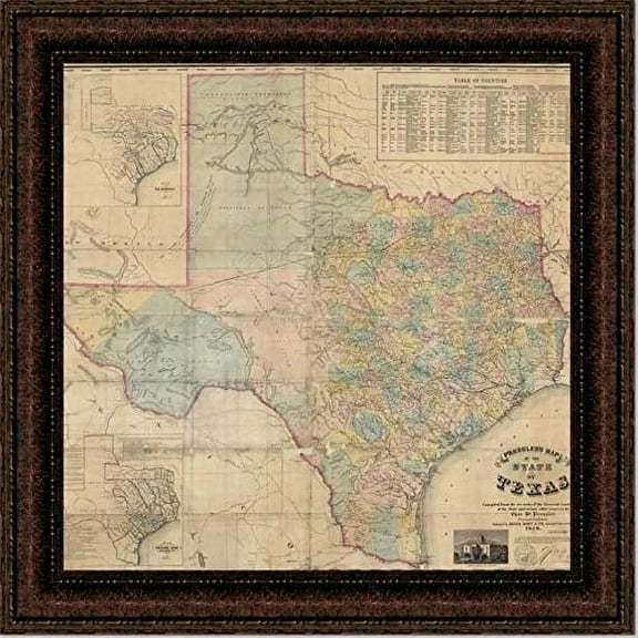 1858 Map of Texas | Framed Historic Texas Map | 25L X 27W" Inches