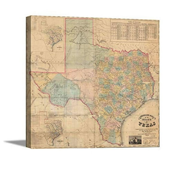 1858 Map of Texas | Historic Texas Map on Gallery Wrap Canvas | 33L X 36W" Inches
