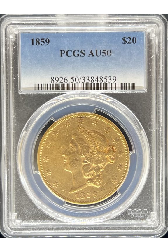1859 $20 Liberty AU50 PCGS (PA33848539)