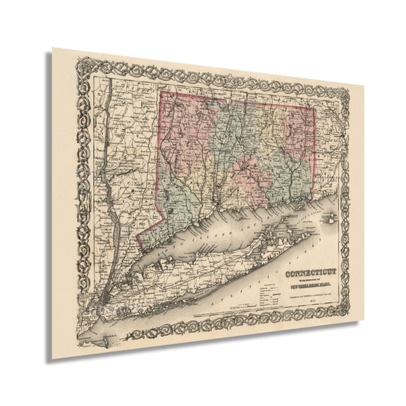 1859 Connecticut State Map with Portions of NY & Rhode Island - Vintage Map of CT Wall Art Poster
