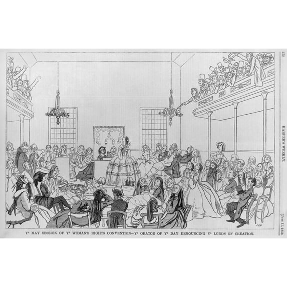 1859 Print Satirizing The 9Th Women Rights Convention In New York City With The 'Ye May Session Of Ye Woman'S Rights Convention - Ye Orator Of Ye Day Denouncing Ye Lords Of Creation'. The Unruly Crowd