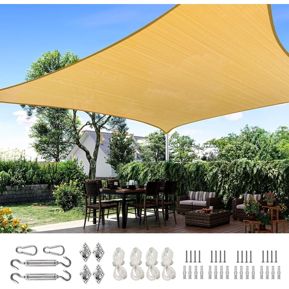 185G HDPE Square Sun Shade Sail Canopy 98% UV Block Outdoor Garden with Hardware Kit (Sand) 20X20FT