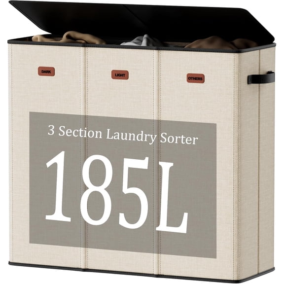 185L Laundry Hamper 3 Section with Lid, Beige Clothes Hamper with 3 Removable Laundry Bags, Large Laundry Basket for Bedroom, Laundry Room, Dorm