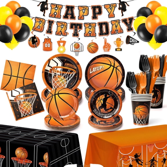 185PCS Basketball Party Decorations & Supplies, Serves 26 - Include Plates and Napkins, Banner, Hanging Swirls, Cups, Utensils, Balloons, Tablecloths for Basketball Birthday Party VT4