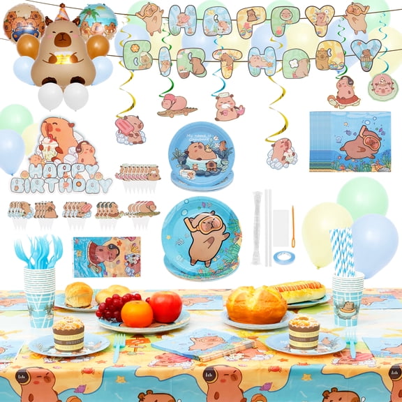 185Pcs Capybara Birthday Decorations Tableware Set Cute Animal Theme Birthday Decor with Banner Balloons Plates for Party Baby Shower