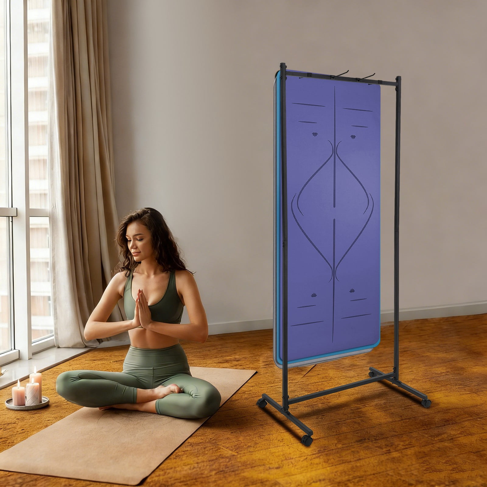 185cm Yoga Mat Holder Hanging Iron Yoga Mats Storage Rack w/ Double Sided Hooks for Yoga Studio