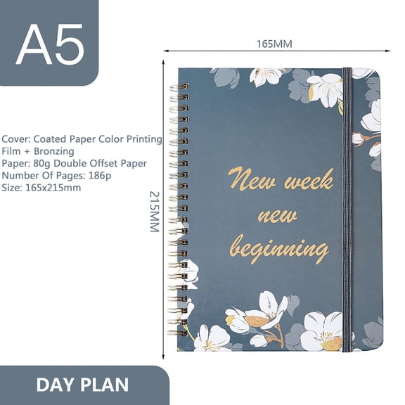 186 Page Weekly Plan Notebook, A5 Daily Planner with Monthly Tabs, English Self Discipline Clock In Schedule Book, Spiral Coil Hardcover Journal
