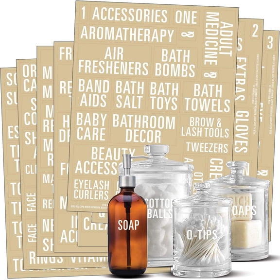 186 Pcs Bathroom Organization Labels for Vanity Canister, Clear Waterproof Makeup Cosmetic Container Stickers, White