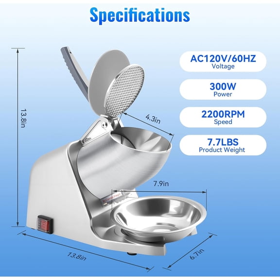186 lbs/h Dual Blade Electric Ice Shaver with Blades & Ice Pick, 300W Ice Crusher for Home Use & Commercial, Shaved Ice , ETL-Listed, Silver
