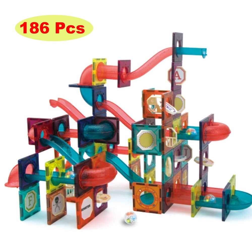 Glowing Magnetic Tiles Building Blocks Marble Run Race Track Super Set -  110 Complete Pieces Glow in the Dark STEM Light Magnetic Building Blocks  and Gravity Maze Games for Toddlers Kids Magnetic