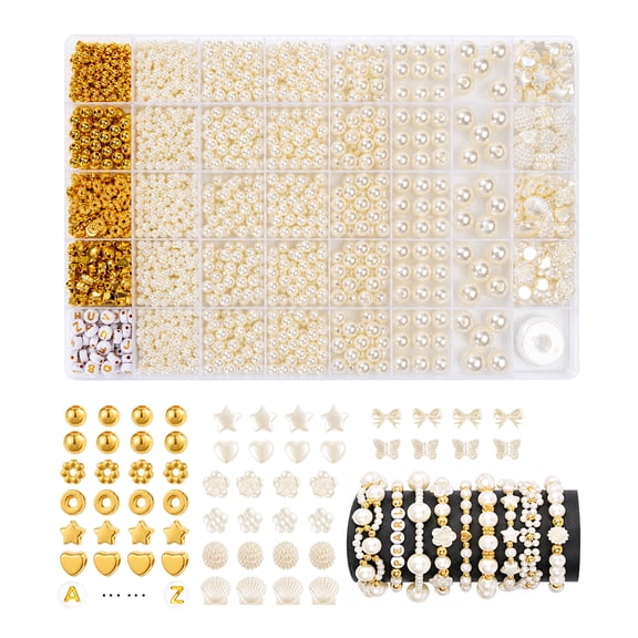 1860 Pcs Beads Bracelet Making Kit with Gold Spacer Beads Letter Beads White Cute Beads, 5 Sizes Round Jewelry Making Kit for Necklaces Earrings Bracelets DIY
