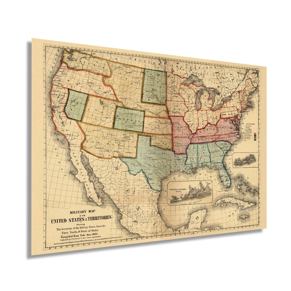 1861 American Civil War Map - Vintage Map of the United States Showing the Location of Military Posts, Arsenals, Navy Yards and Ports of Entry