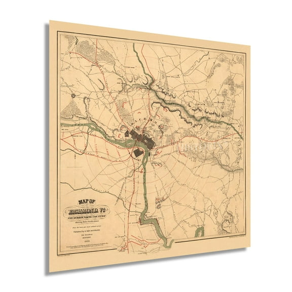 1864 Richmond Virginia Map - Vintage Richmond Map - Old Richmond VA Map - History Map of Richmond VA and Surrounding Country Wall Art Poster