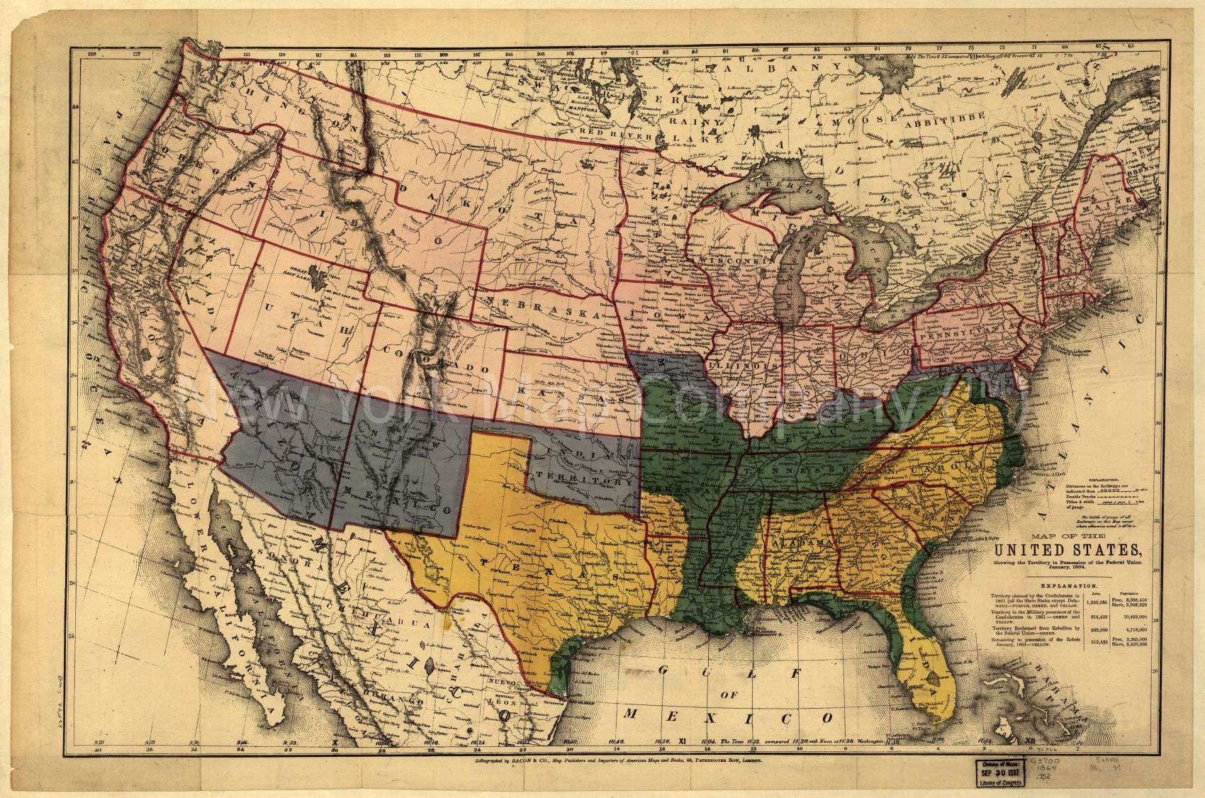 1864 map of the United States, showing the territory in possession of