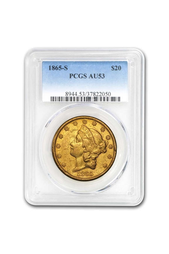 1865-S $20 Liberty Gold Double Eagle AU-53 PCGS