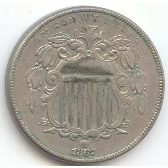 1867 No Rays Shield Nickel, AU-Unc Details