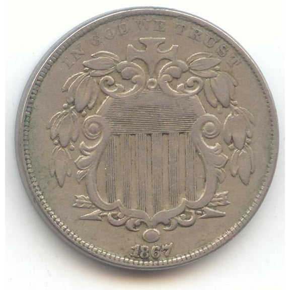 1867 Shield Nickel, No Rays, Original XF