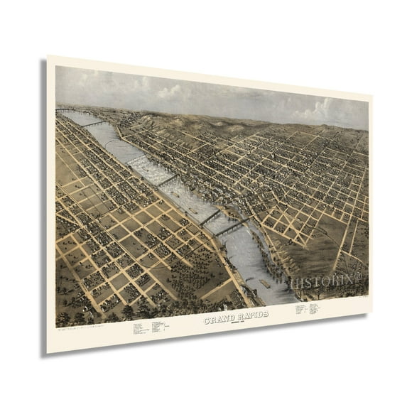 1868 Grand Rapids Michigan Map - Vintage Grand Rapids Wall Art - Old Map of Grand Rapids MI Poster - Historic Bird's Eye View of Grand Rapids Michigan Map Poster