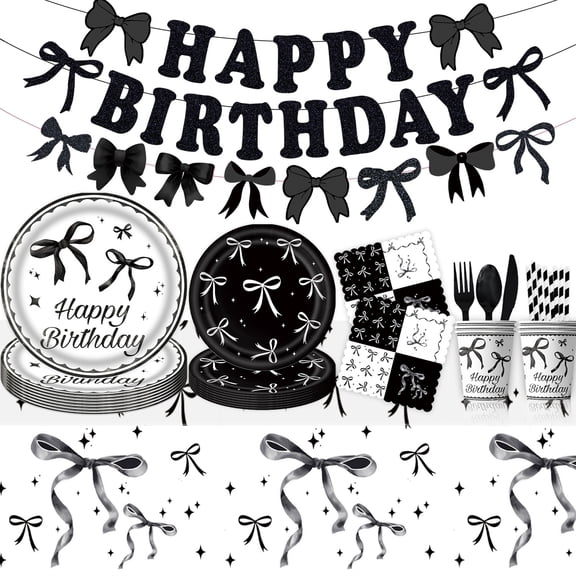 186Pcs Black White Bow Party Decorations, Coquette Birthday Party Supplies Banner,Plates,Napkins,Straws,Cups,Cutlery,Tablecloch for Bride Baby Shower Birthday Decorations, Serves 20