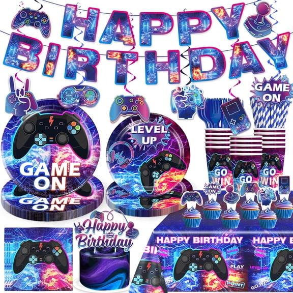 186Pcs Video Game Birthday Decorations Tableware Set Serves 25 Guests, Gamer Birthday Party Decorations Include Banner, Plates and Tablecloth, Cake Topper, Gaming Party Supplies for Boys Y114