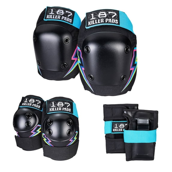 187 Killer Pads Six Pack Knee and Elbow Pads, Electric Bolt, Large