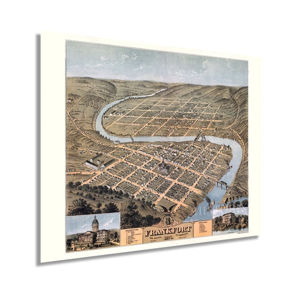 1871 Frankfort Kentucky Map Poster - Vintage Frankfort Kentucky Wall Art - Old Frankfort Kentucky Map - Bird's Eye View of Frankfort KY Looking South East