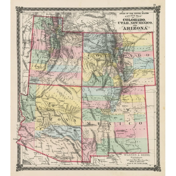 1875 County Map of Colorado, Utah, New Mexico, and Arizona