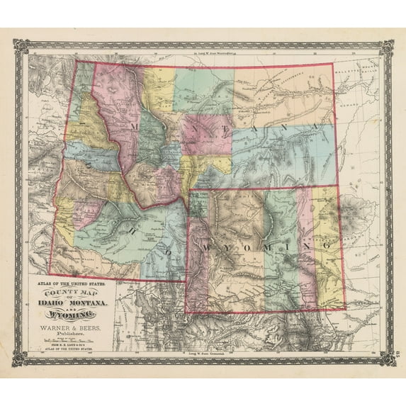 1875 County Map of Idaho, Montana, and Wyoming