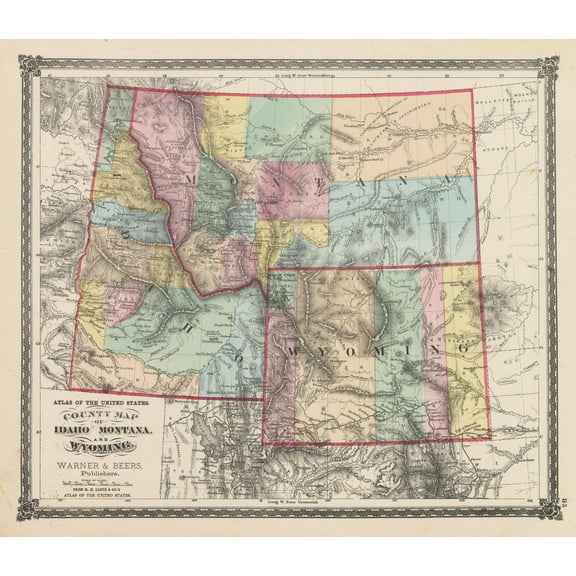 1875 County Map of Idaho, Montana, and Wyoming