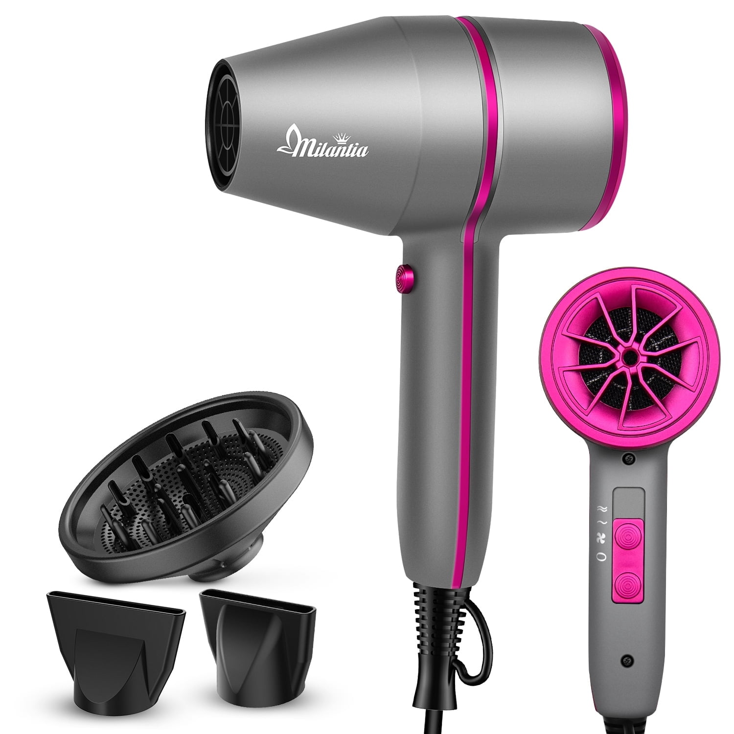 1875W Compact Ionic Hair Dryer for Fast Drying Frizz Control & Shiny Hair, Quiet & Compact for Home & Travel (Dark Grey)