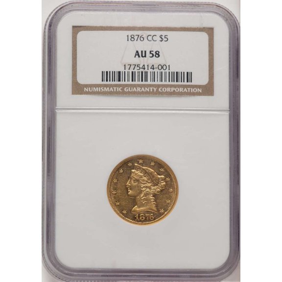 1876-CC $5 Liberty Gold Half Eagle Coin NGC AU58 - HAT776350004